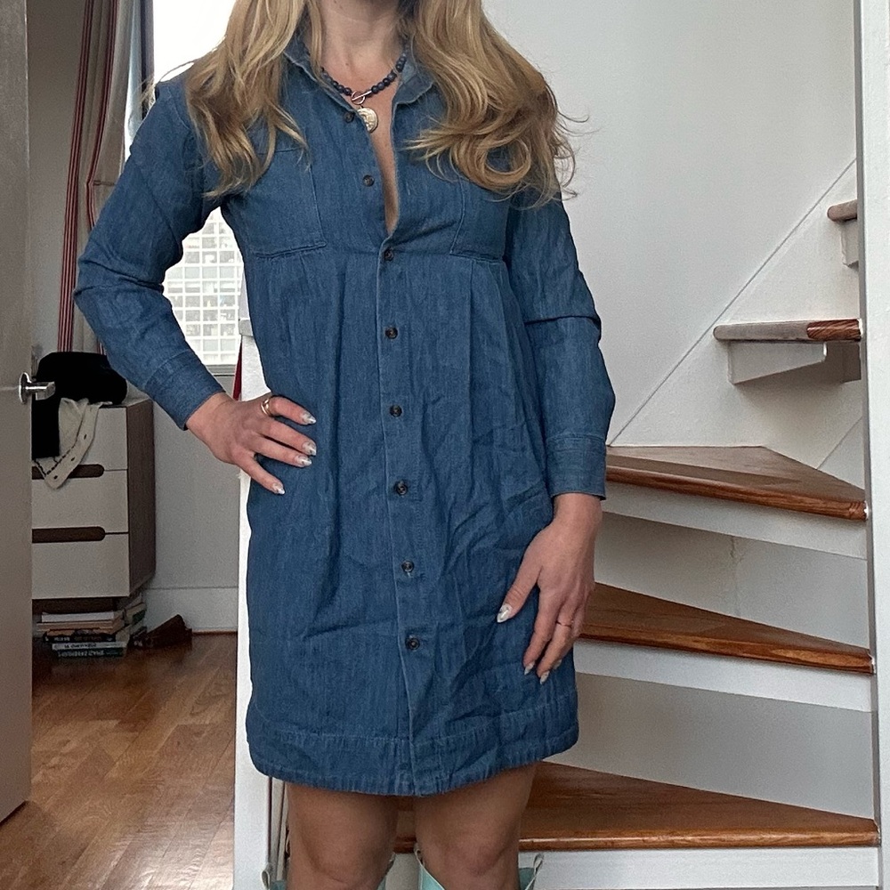 LOFT Blue Denim Button-Front Midi Dress